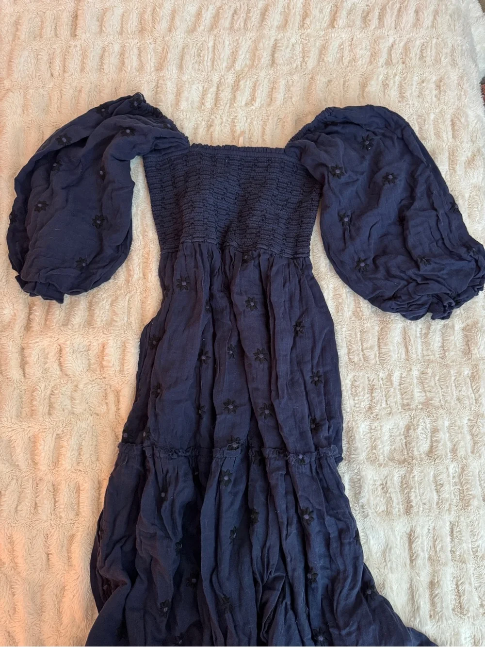 Free People Navy Smocked Bodice Maxi Dress with Puff Sleeves